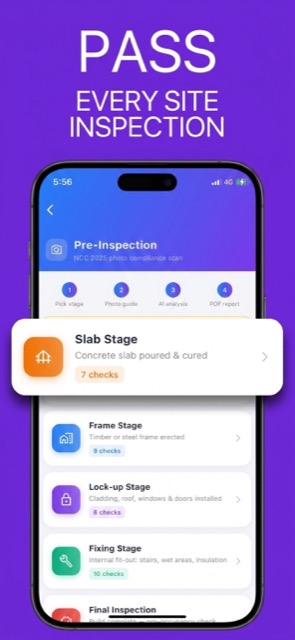 AmpleCheck AI — Pre-inspection stage checklist showing Slab, Frame, Lock-up stages